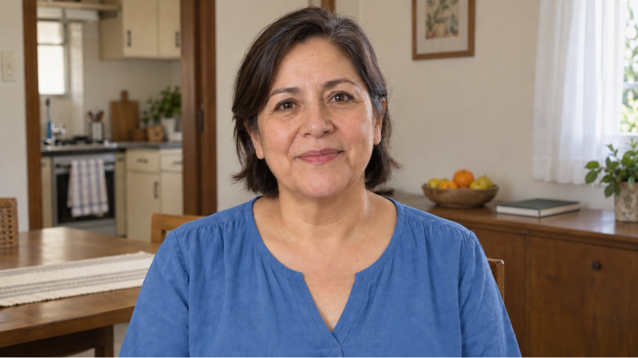 María Rivas, sonriendo, sentada en su casa.