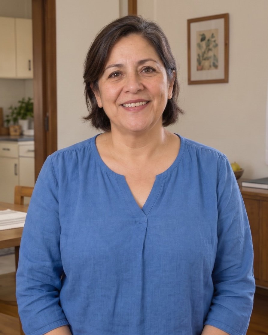 María Rivas, sonriendo, de pie en el comedor de su casa.
