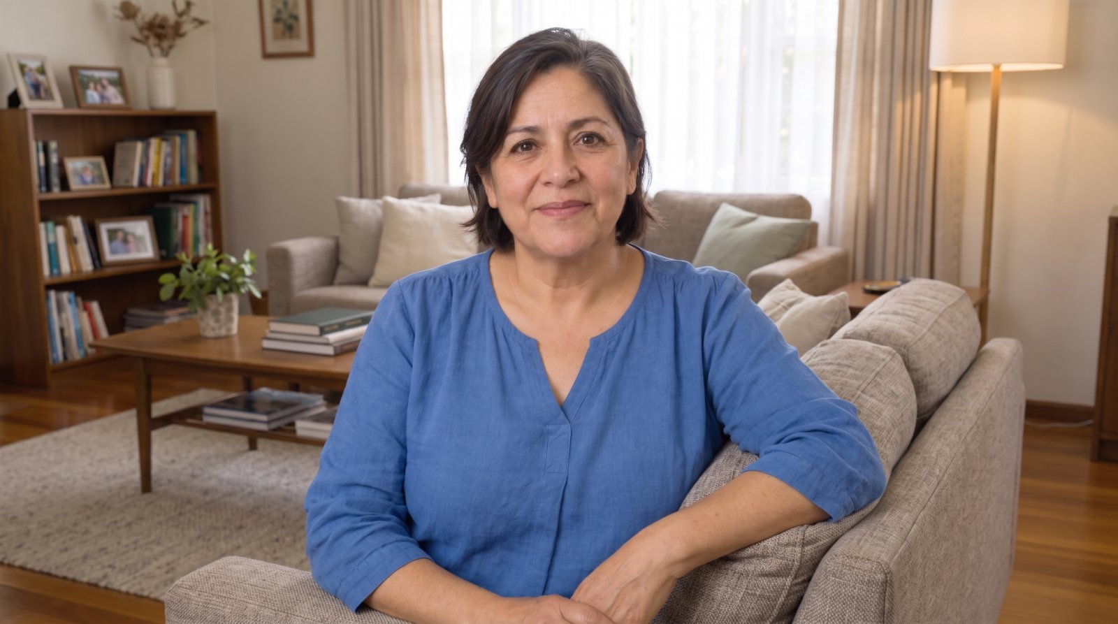 María Rivas, sentada en el sofá del salón de su casa.