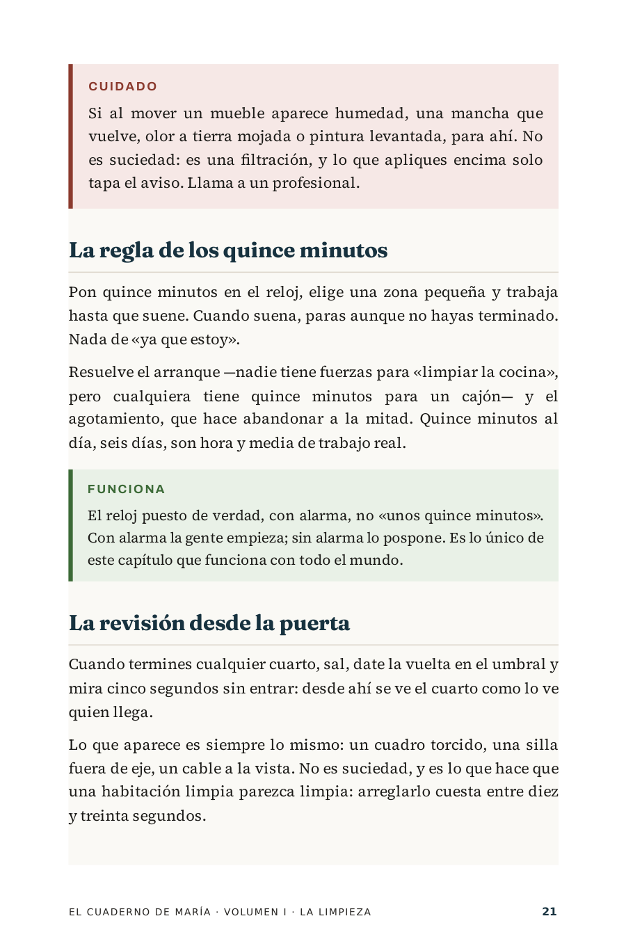 Página 21 del Volumen I: la regla de los quince minutos, con un aviso de cuidado y un veredicto «Funciona».