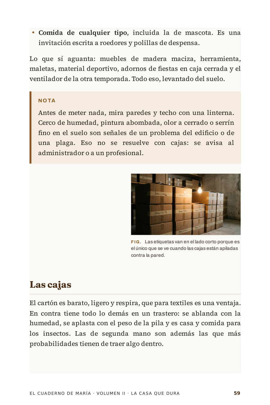 Página 59 del Volumen II: qué aguanta guardado y qué no, una nota de aviso, una foto de cajas etiquetadas y el apartado «Las cajas».
