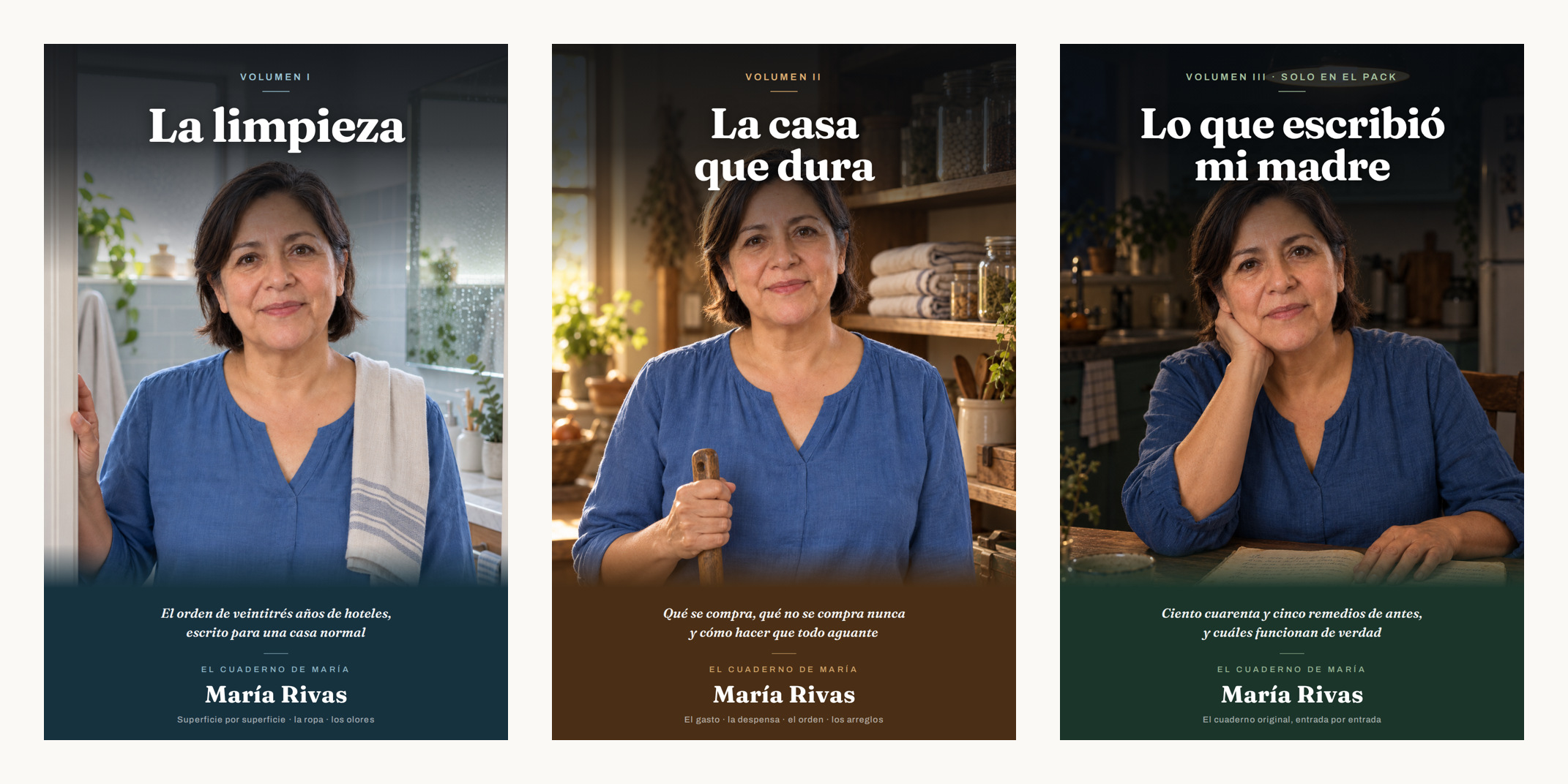 Los tres libros del pack, uno al lado del otro.